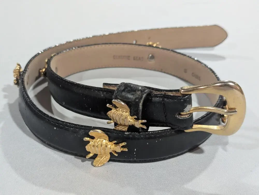 Fashion Belt Womens S Black Genuine Leather Bee Frog Gold Medallion Skinny